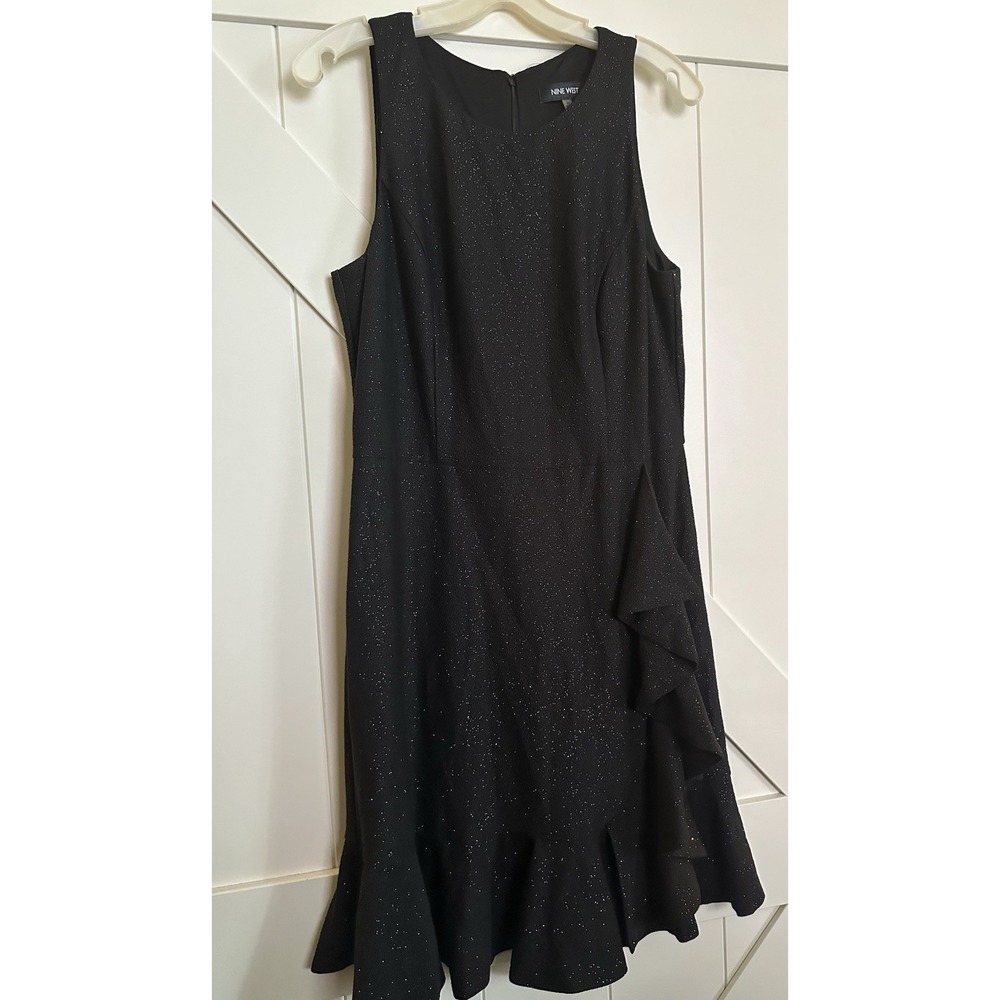 Nine West Black Metallic Knit Ruffle Sleeveless Lined Midi Dress Size 10